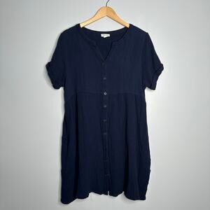 Cotton Bleu Women's‎ Navy Blue 100% Cotton Button Front Textured Dress Size L